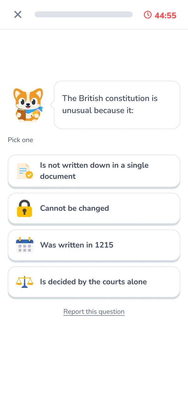 A timed practice test question, the clock running, with four answers to pick from.
